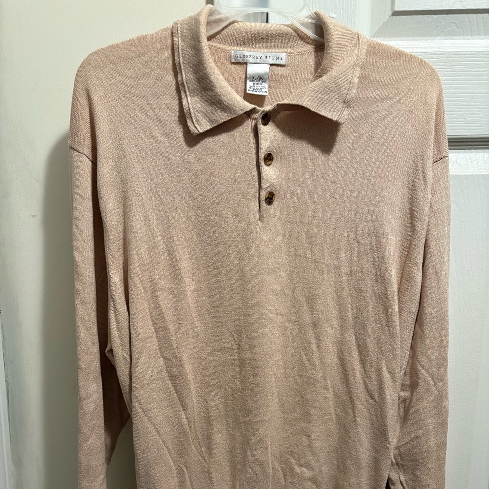 Jeffrey Beene Beige Silk Cotton 1/2 Button Collared Polo Long sleeve Sweater